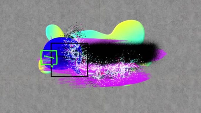 动画的彩色抽象油漆标记，黑色的正方形和绿色的十字在言语泡泡，在灰色