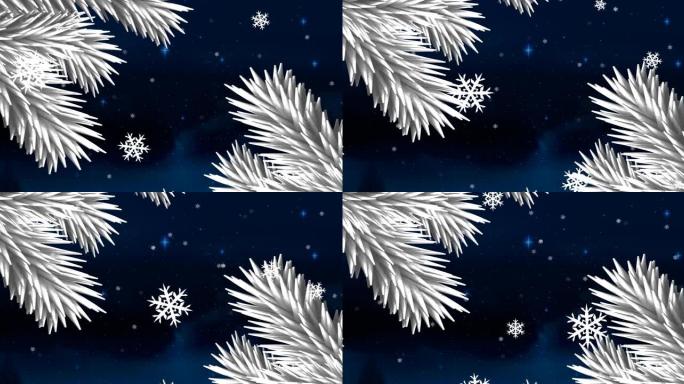 圣诞树树枝对着雪花漂浮和蓝色背景上闪亮的星星