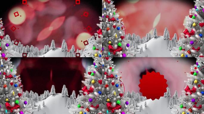 黑色背景下冬季景观上的两棵圣诞树上的红色装饰设计