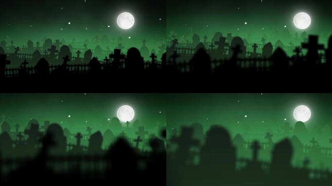绿色背景上的万圣节公墓和满月动画