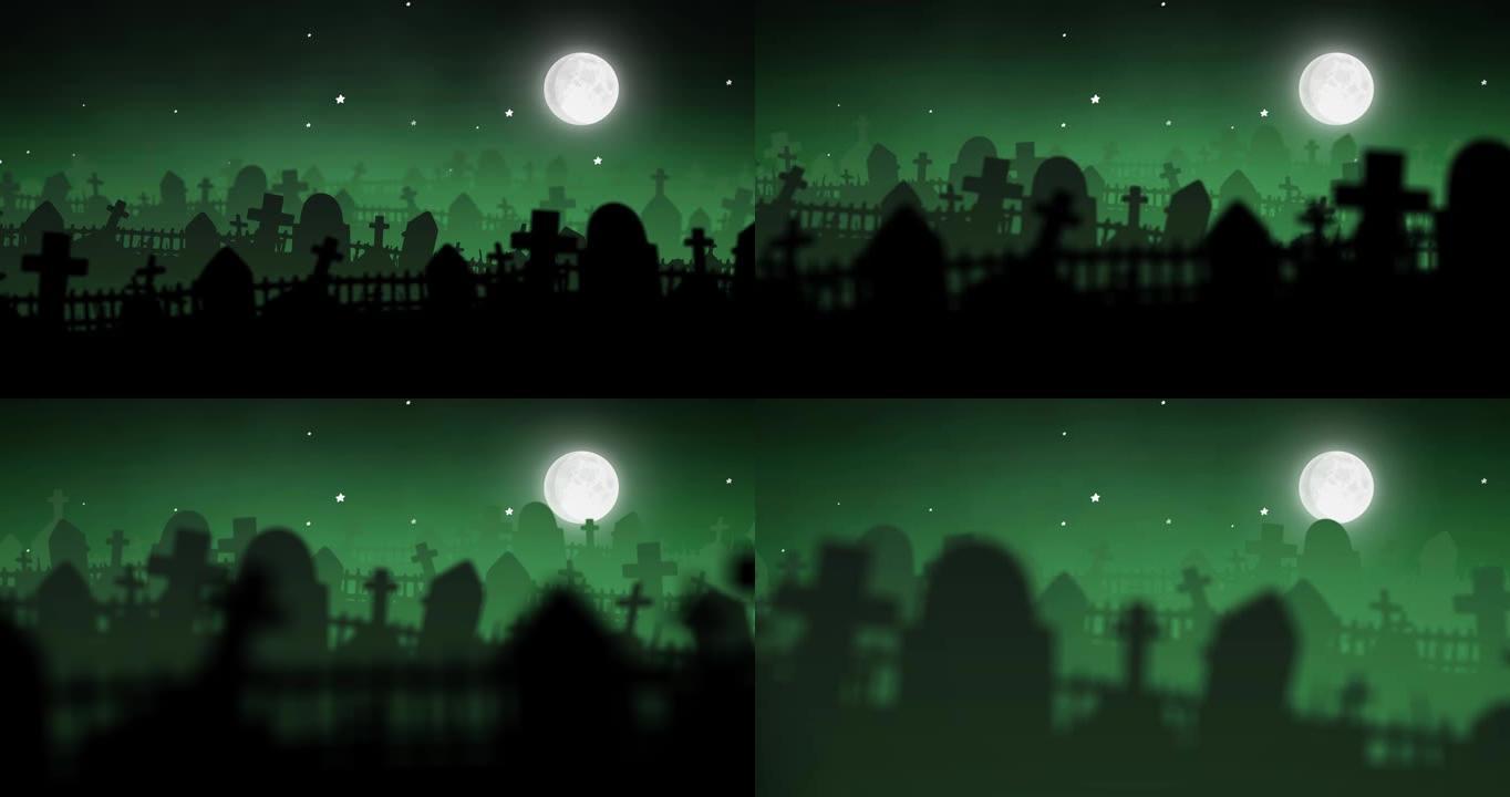 绿色背景上的万圣节公墓和满月动画