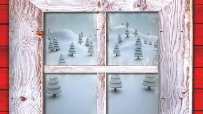 透过窗户看到的雪花和圣诞节冬季风景的动画
