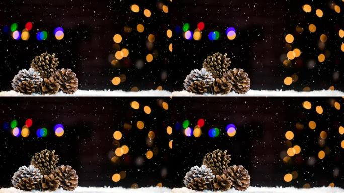 雪落在松果和五颜六色的bokeh上的动画