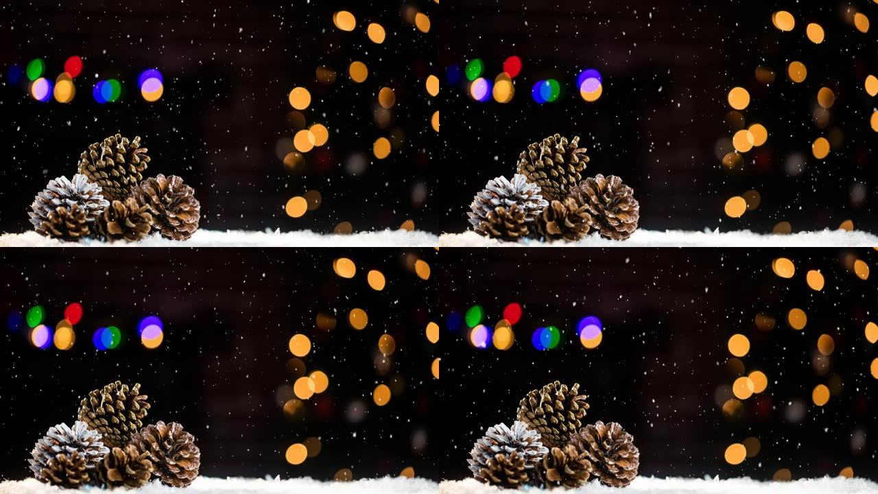 雪落在松果和五颜六色的bokeh上的动画
