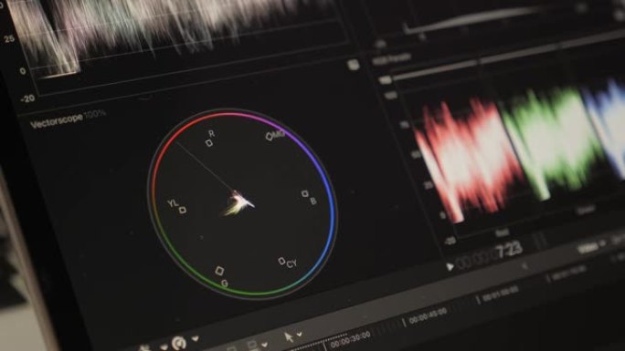 视频或电影制作处理。色校正和后期制作。颜色分级。显示器上的RGB颜色校正图形栏。矢量镜。直方图