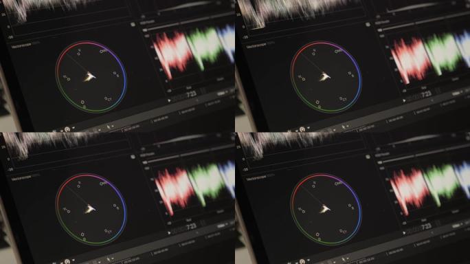 视频或电影制作处理。色校正和后期制作。颜色分级。显示器上的RGB颜色校正图形栏。矢量镜。直方图