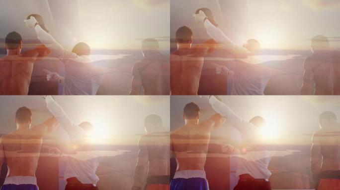 两名拳击手和裁判的合成，维克多举起手臂，在湖边和乡村上空日落