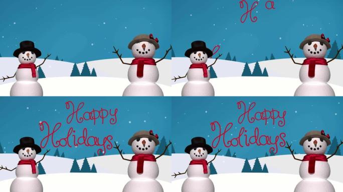 圣诞节快乐假期的动画在雪人和下雪的情况下