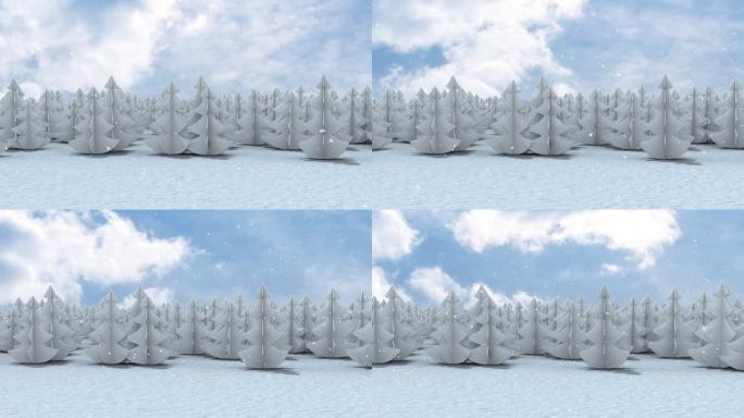 雪花落在杉树和冬季景观上的动画