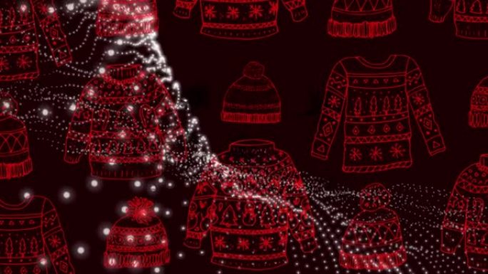 黑暗背景下发光的灯光和圣诞运动衫和帽子的动画