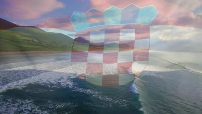 数字组成挥舞克罗地亚国旗反对海滩和海浪的鸟瞰图