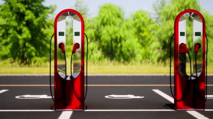 近景的超现代电动汽车充电设施与红色的汽车充电器