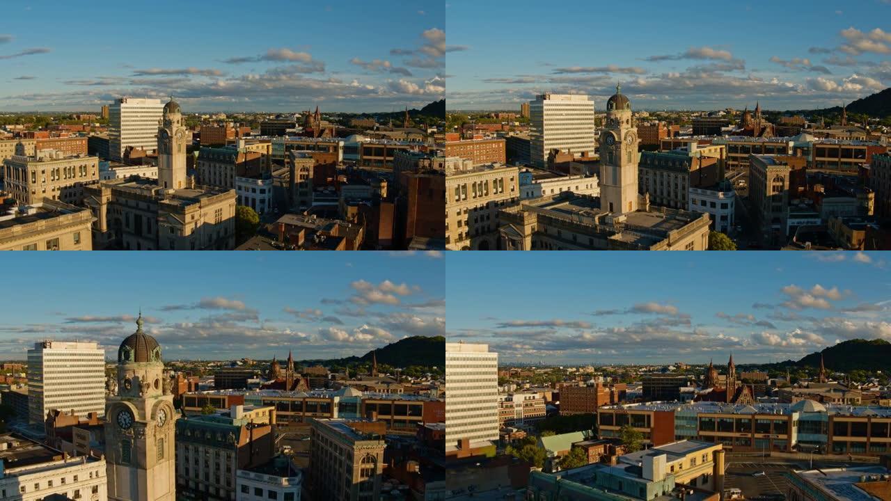 帕特森市议会，帕特森，新泽西州，一个阳光灿烂的日子。航拍视频与前进摄像机运动。