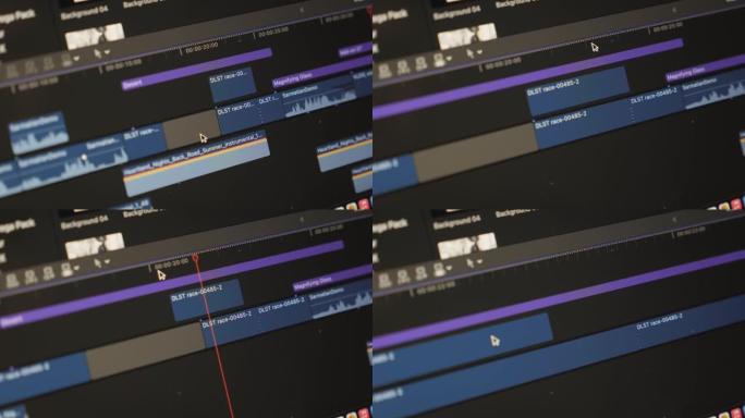 在后期制作中使用素材。编辑视频片段。用于编辑视频的软件界面。视频专业后期制作。在计算机上工作的视频编