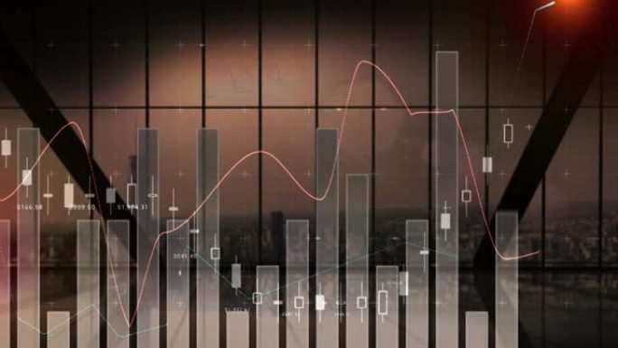 统计数据在棕色阴影下在摩天大楼窗户上移动的动画