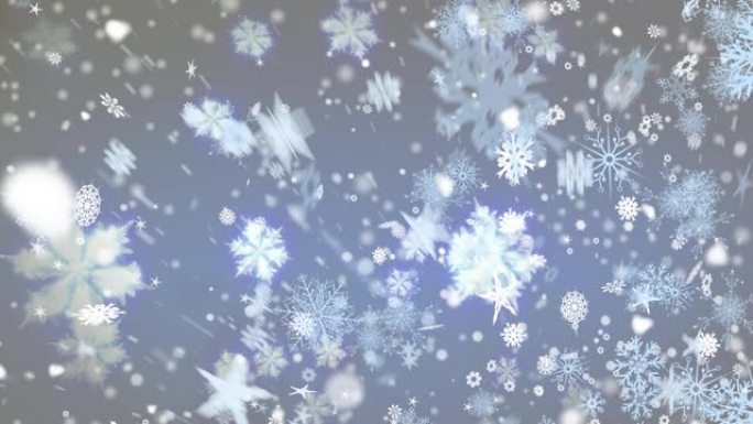 蓝色背景上的雪花落在多个雪花图标上的数字动画
