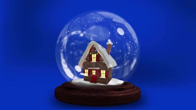 带有蓝色背景的房子的圣诞雪球动画