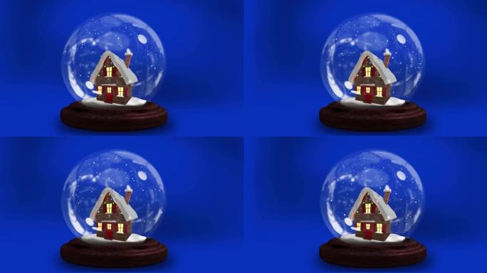 带有蓝色背景的房子的圣诞雪球动画