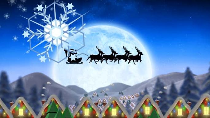 圣诞老人在圣诞节冬季风景中穿着雪橇的动画