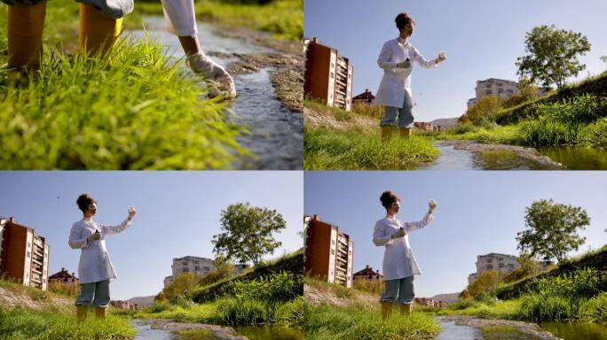 女科学家，在野外工作时观察采样的城市水