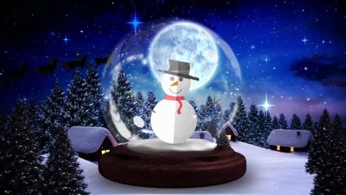 雪球和圣诞老人在雪橇上的动画，驯鹿在冬季景观上移动
