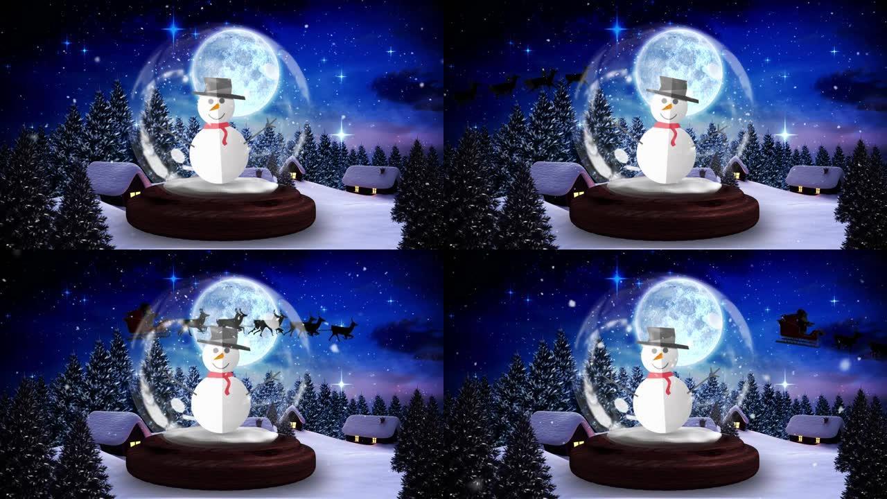 雪球和圣诞老人在雪橇上的动画，驯鹿在冬季景观上移动