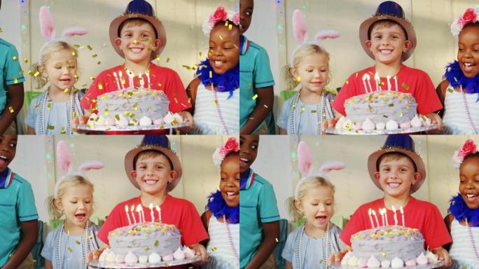 在儿童聚会上拿着生日蛋糕的五彩纸屑掉落在男孩身上的动画