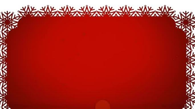 红色背景上的圣诞节装饰品上的雪的动画