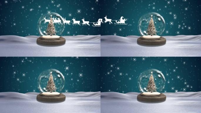 雪橇上的圣诞老人被驯鹿拉到雪球上的圣诞树上