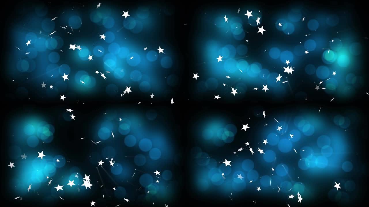 圣诞明星的动画落在深蓝色背景上的光斑上