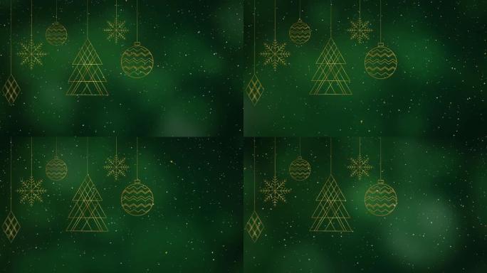 绿色背景上的圣诞节装饰品上的降雪动画