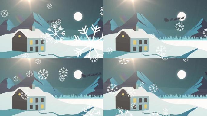雪花与房屋和山脉的冬季景观相抗衡
