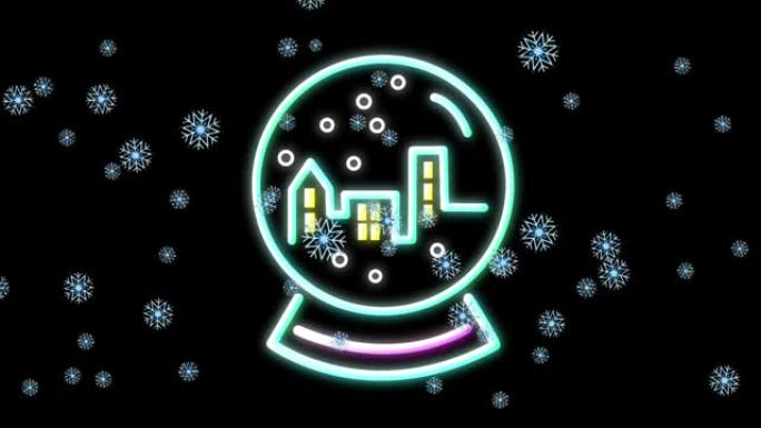 黑色背景上的圣诞霓虹灯雪球装饰上的雪落下动画