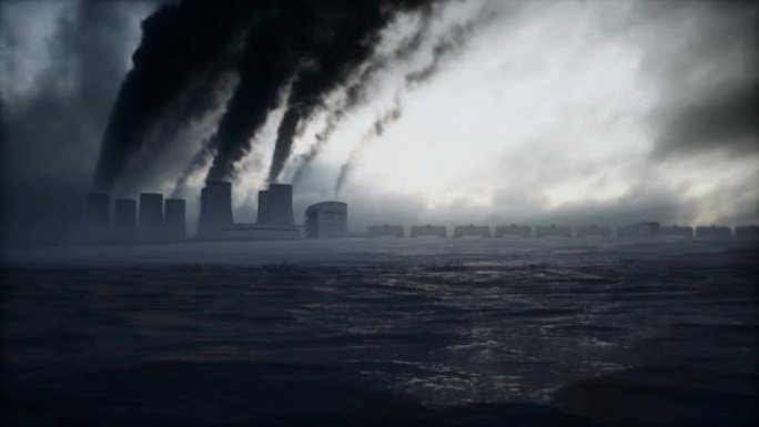 石油脏管和生态污染。工厂黑烟。生态问题概念。逼真的4k动画。