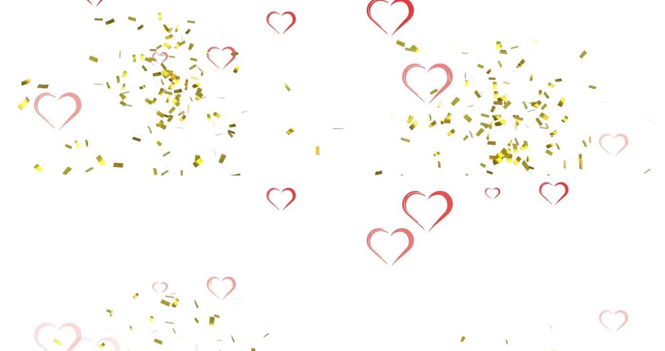 红心金色五彩纸屑落在白色背景上的动画