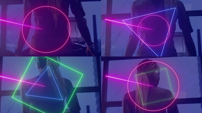 霓虹灯扫描仪用耳机在跑步机上行走的女人处理数据的动画