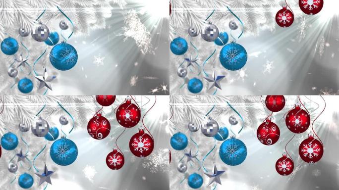 红色和蓝色的圣诞树球在灰色背景上的积雪上的动画