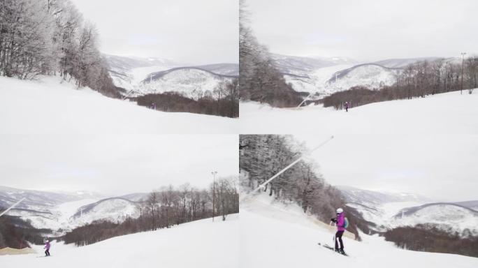 女孩在马其顿马夫罗沃滑雪中心的斜坡上滑雪