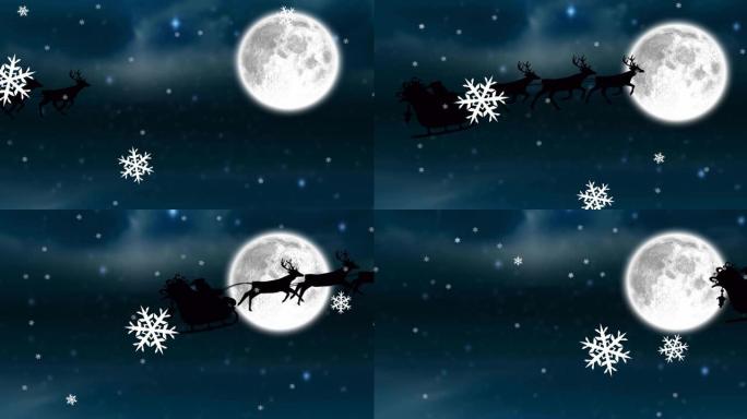 圣诞老人在圣诞节与驯鹿雪橇上的动画，飘雪，月亮和天空