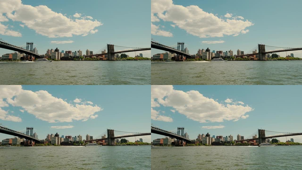 日落时分，纽约华盛顿大桥和布鲁克林大桥的宽阔视野。移动相机. .