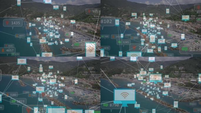沿海城市上带有wifi符号和网络通知的媒体图标网络动画