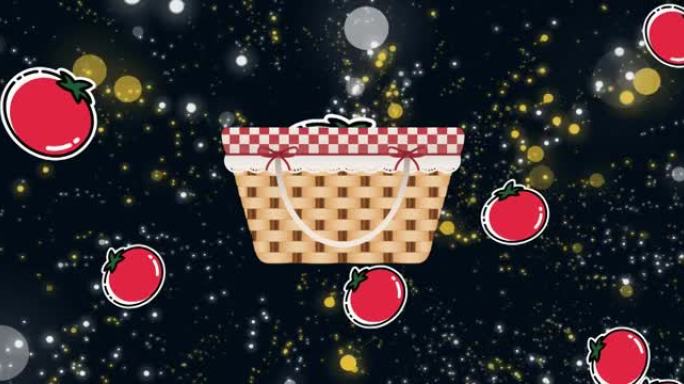 黑色背景上黄色和白色圆点上掉落的红色西红柿的野餐篮动画