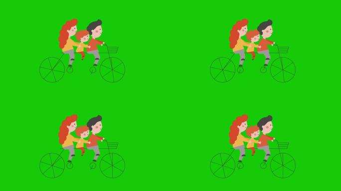 cartoon三个家庭成员骑自行车的4k视频。