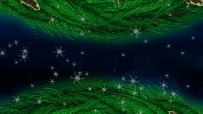 雪花上的圣诞花环装饰落在蓝色背景上闪亮的星星上