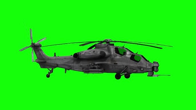 军用直升机在绿屏上飞行，视频循环播放