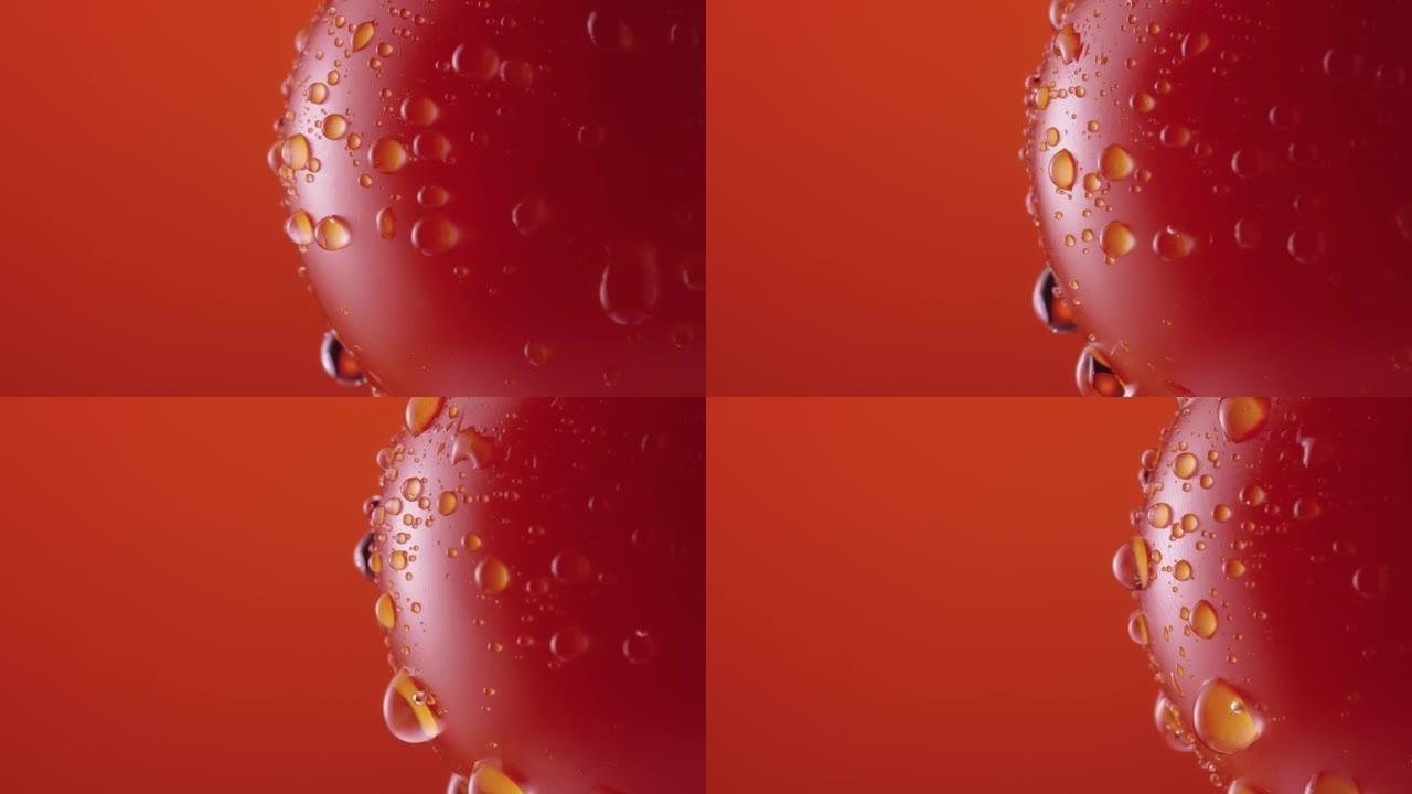 水滴中的成熟番茄旋转红色工作室背景。近距离拍摄红番茄，表面滴着水滴。屏保和壁纸的湿蔬菜。慢动作