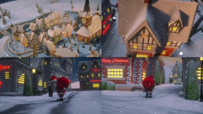 圣诞节和新年快乐2022动画。圣诞节冬夜的小镇或村庄的景色。圣诞老人提着一个装有礼物的袋子。