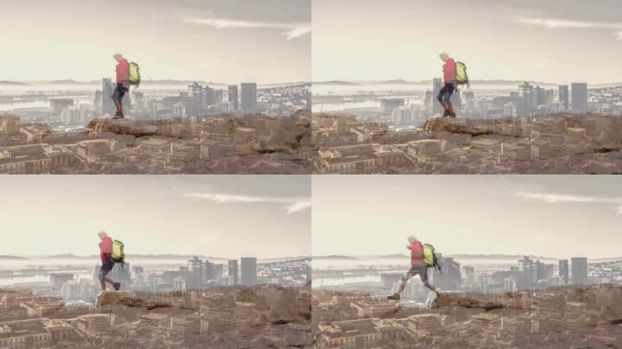 高加索高级妇女在山上徒步旅行和现代城市景观的综合