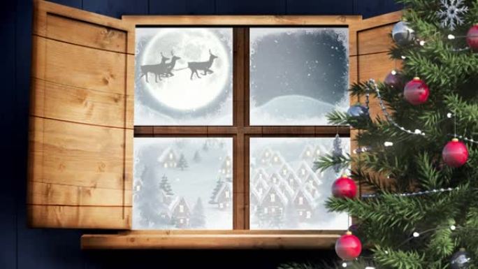 圣诞老人在雪橇上与驯鹿的冬季风景动画