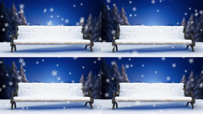 冬季景观中的雪落在长凳上的动画